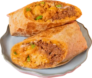 Two halves of a toasted, golden-brown breakfast burrito stacked on a pale blue scalloped plate. The filling features shredded beef or birria, melted cheddar cheese, and green onions.